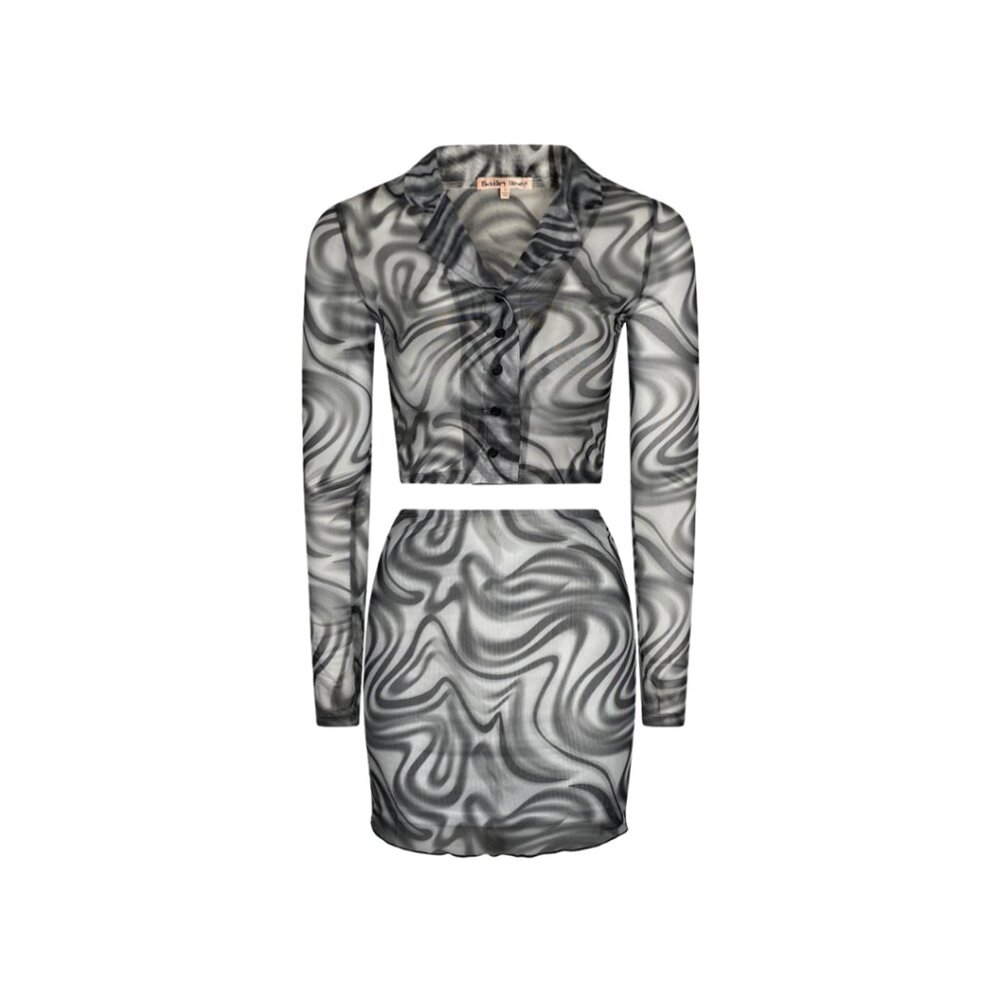 NWT Bailey Rose Black White Marble Mesh Two Piece Crop Top Mini Skirt Set